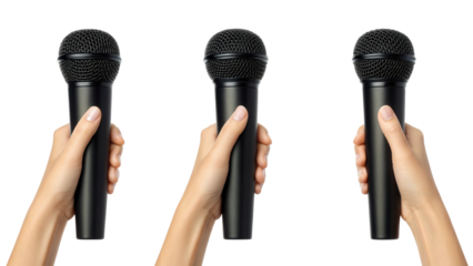 Three hands holding black microphones, isolated on transparent background isolated on transparent background