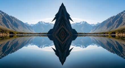 Symmetrical reflection of mountain landscape forming abstract mirrored pyramidal shape over calm lake water under clear blue sky creating a stunning visual effect and optical illusion outdoors