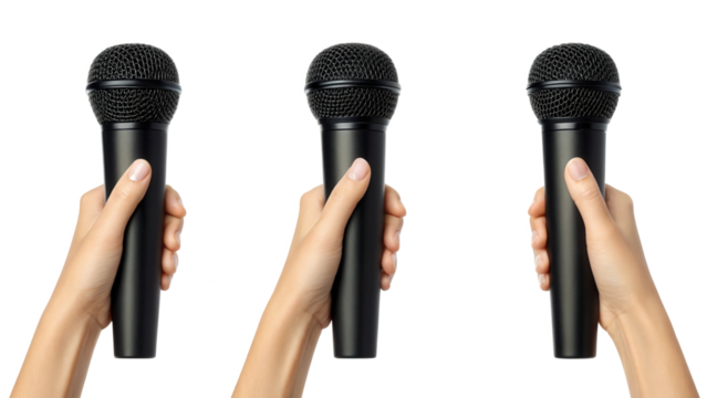 Three hands holding black microphones, isolated on transparent background isolated on transparent background