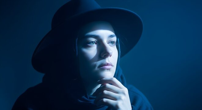 Pensive young adult in a wide-brimmed hat bathed in cool, dramatic light, creating an atmosphere of mystery and thoughtful depth, suitable for artistic portraits