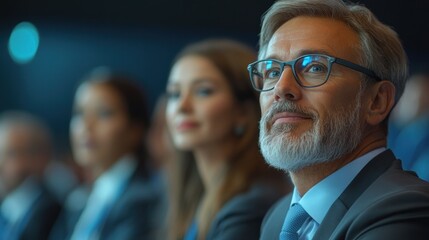 Obraz premium Engaged Mature Businessman in Glasses Listening Attentively at a Corporate Conference