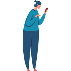 Flat Design Illustration of a Person Looking Down at a Mobile Phone with Teal Top and Navy Blue Pants against a Transparent Background