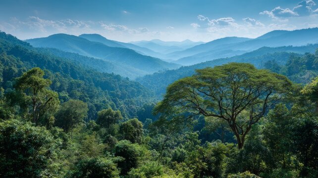 tropical rainforest landscape in asia with lush green canopy trees, dense jungle forest, mountain views, and serene outdoor nature environment ideal for relaxation, spa, yoga, and holiday retreat