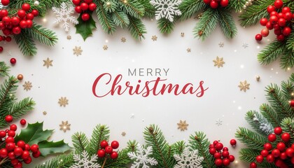 Festive Merry Christmas Celebration with Holly Berries and Snowflakes Border