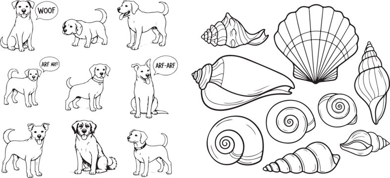 Black and White Line Art Illustrations of Dogs and Seashells