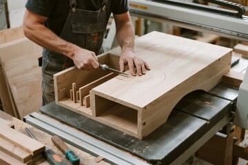 Carpenter working on a wooden furniture piece using hand tools in a workshop
