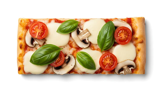 Delicious rectangular pizza with fresh mozzarella tomatoes mushrooms and basil isolated on white background