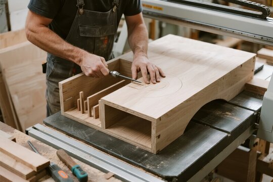 Carpenter working on a wooden furniture piece using hand tools in a workshop