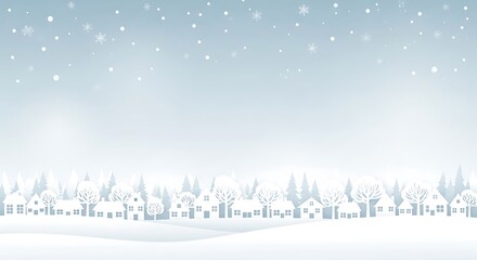 Snowy Village Landscape A Tranquil Winter Scene with Falling Snowflakes Charming Houses and Tall Trees in a Peaceful