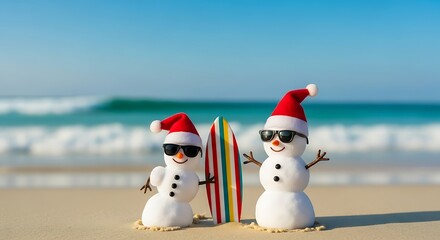 Two Festive Snowmen Wearing Sunglasses with a Surfboard Standing on a Sandy Beach with Ocean Waves on a Bright Sunny