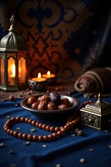 Ramadan still life with dates prayer beads lantern and candles