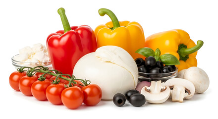 Fresh ingredients for pizza making including bell peppers tomatoes mozzarella and mushrooms isolated on white background