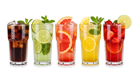 Five tall glasses of refreshing colorful drinks with fruit and ice isolated on white background