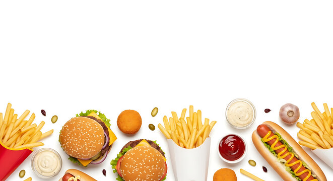 A collection of delicious fast food items including burgers hot dogs and french fries isolated on white background - Powered by Adobe