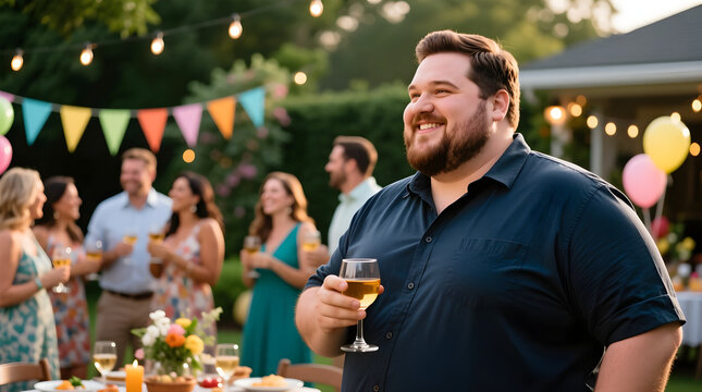 Happy man holding drink at outdoor party with colorful decorations  