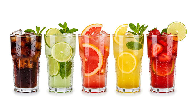 Five tall glasses of refreshing colorful drinks with fruit and ice isolated on white background
