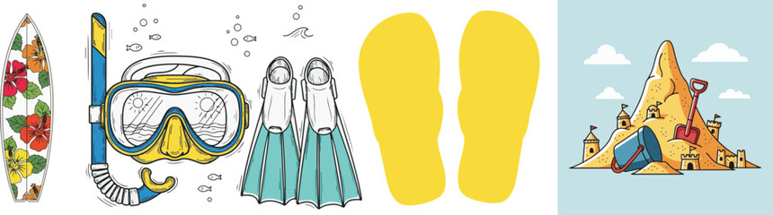 Hand-drawn Summer Beach Vacation Elements: Surfboard, Snorkel, Fins, and Sandcastle
