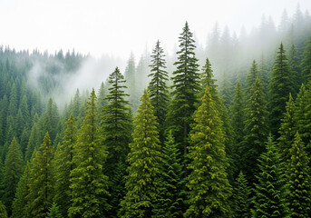Misty mountain forest with tall evergreen trees