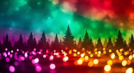 Magical forest landscape with colorful aurora borealis and glowing lanterns
