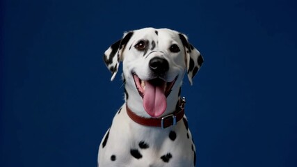 Portrait of a cheerful Dalmatian dog isolated on a deep blue background
