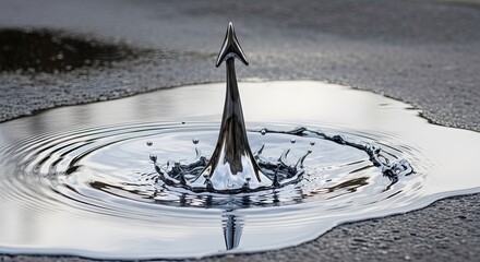 Dynamic splash of liquid metal forming perfectly shaped sharp arrow rising from reflective puddle on dark asphalt ground illustrating transformation sudden impact