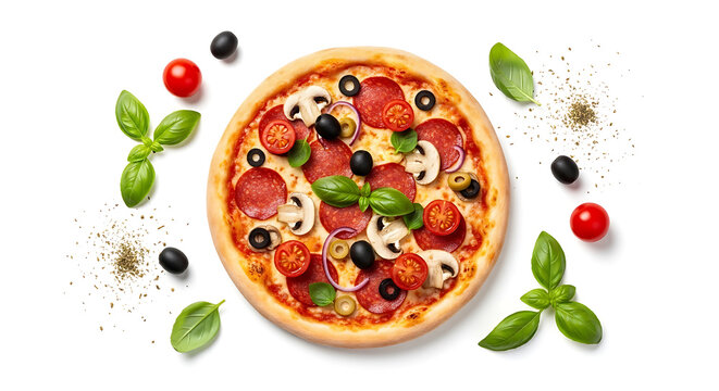 Delicious pepperoni pizza with fresh basil and olives isolated on white background - Powered by Adobe