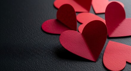 Fototapeta premium Scattered red paper hearts on a dark textured surface