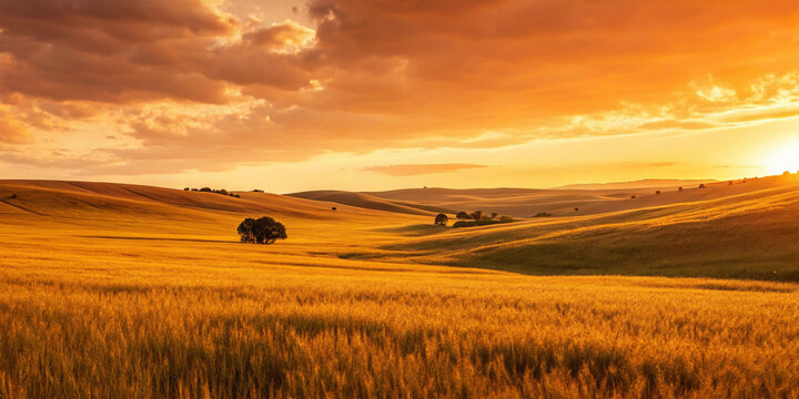 Radiant golden light cascades over vast wheat fields, painting a serene and picturesque agricultural landscape with warm, dramatic sunset colors across rolling hills
