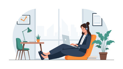 A cheerful flat design illustration depicting a young woman productively engaged in remote work on her laptop within a bright and modern co-working office space.