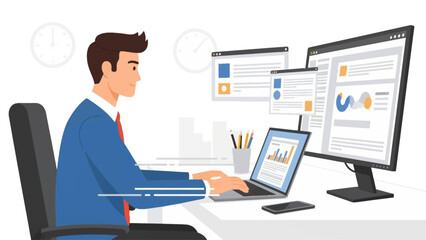 An energetic flat design illustration depicting a busy professional efficiently multitasking across a laptop and an external monitor, symbolizing high productivity and streamlined workflow in an offic