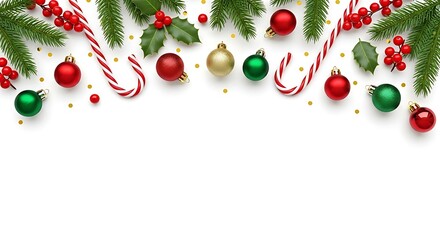 Festive Christmas Arrangement with Ornaments Candy Canes and Holly on a White Background Holiday Celebration Happy