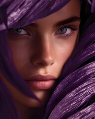 Luxury advertising image of a female model in close-up, half her face hidden by elegantly textured purple monstera leaves. Her sharp gaze is directed directly into the camera, confident and mysterious