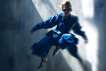 A high-impact fashion editorial for Dazed & Confused, the model is caught mid-jump with bent legs and outstretched arms, wearing a sculptural royal blue bodysuit and angled glasses
