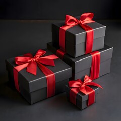 Obraz premium Elegant black gift boxes with vibrant red ribbons