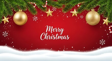Festive Merry Christmas Card with Golden Baubles Stars Candy Canes Snowflakes and Green Pine Branches against a Red