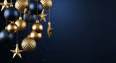 Fototapeta premium Elegant christmas ornaments in blue and gold hanging on dark background