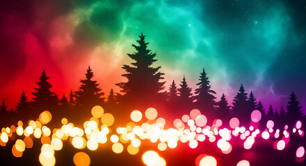 Magical winter forest scene with vibrant aurora borealis and bokeh lights