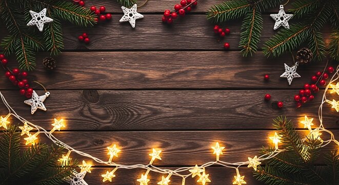 Wooden background adorned with festive holiday accents fir branches red berries stars and twinkling string lights create - Powered by Adobe
