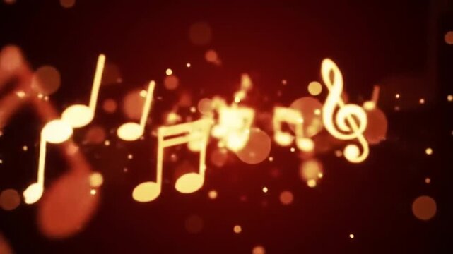 Musical notes floating against a blurred, glowing, reddish-brown background.