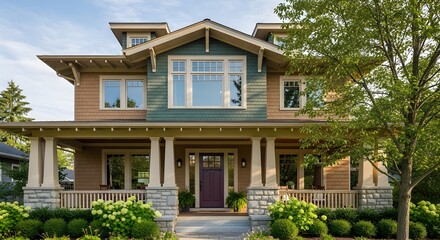 Fototapeta premium Stunning Craftsman Home Exterior in Natural Morning Light