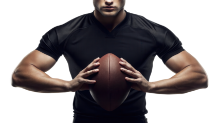 Muscular athlete holding american football, isolated on transparent background isolated on transparent background