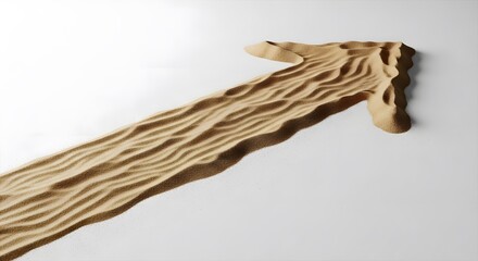 Flowing brown sand forming an upward pointing arrow shape on a clean white background representing time movement natural transformation or desert landscape texture conceptual rendering visualization