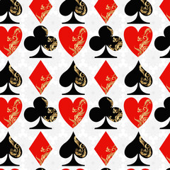 Seamless pattern of ornate, gold-detailed playing card suits (hearts, diamonds, clubs, spades) on a subtle gray/white background. Perfect for luxury, casino, and graphic design projects