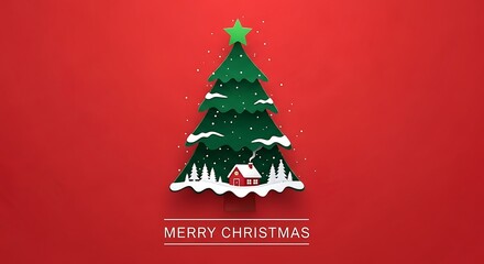 Festive Merry Christmas Scene with Snowy Evergreen Tree and a Cozy Red House nestled among winter trees against a