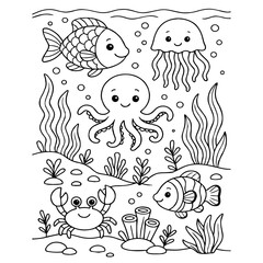 Kids’ Ocean Animals Coloring Sheet – Adorable Underwater Cartoon Line Art