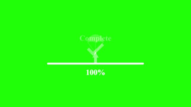 Parachute delivery loading to completion animation on green screen, white progress bar from 0 to 100 percent with check mark, download progress indicator for tracking, update, and process status