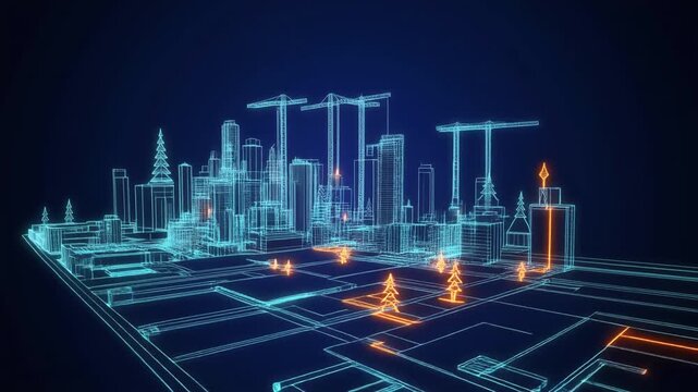Digital Wireframe City Blueprint Animation: Smart Technology and Urban Development - Powered by Adobe