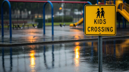 Wet Road with Kids Crossing Sign — Symbol of Awareness in All Conditions