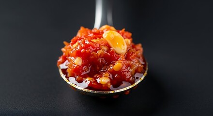 Close-up of spicy chili garlic sauce on a spoon against a dark background, food concept