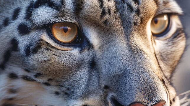 Intense snow leopard gaze, captivating amber eyes, showcasing wild beauty and strength - Powered by Adobe